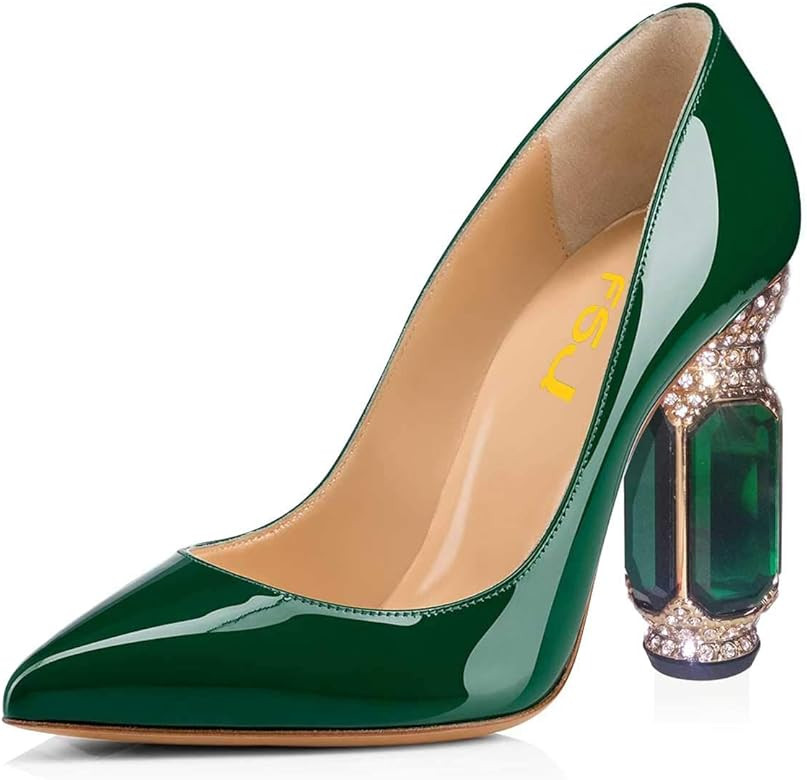 FSJ Women Bridal Pointed Toe Chunky Block High Heel Crystal Pumps Slip on Wedding Thick Comfort E... | Amazon (US)