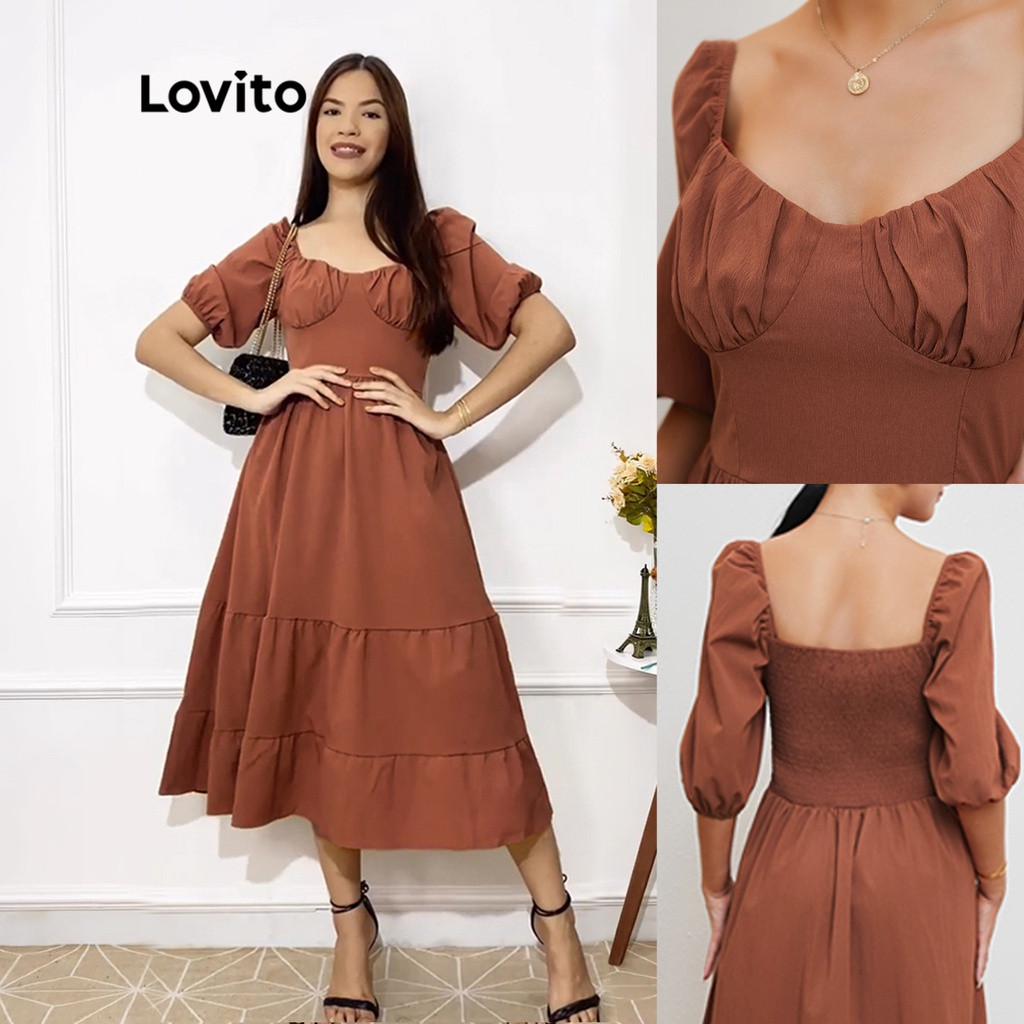 Lovito Vestido De Baile Simples  Manga Bufante L20D034 (Marrom) | Shopee (BR)