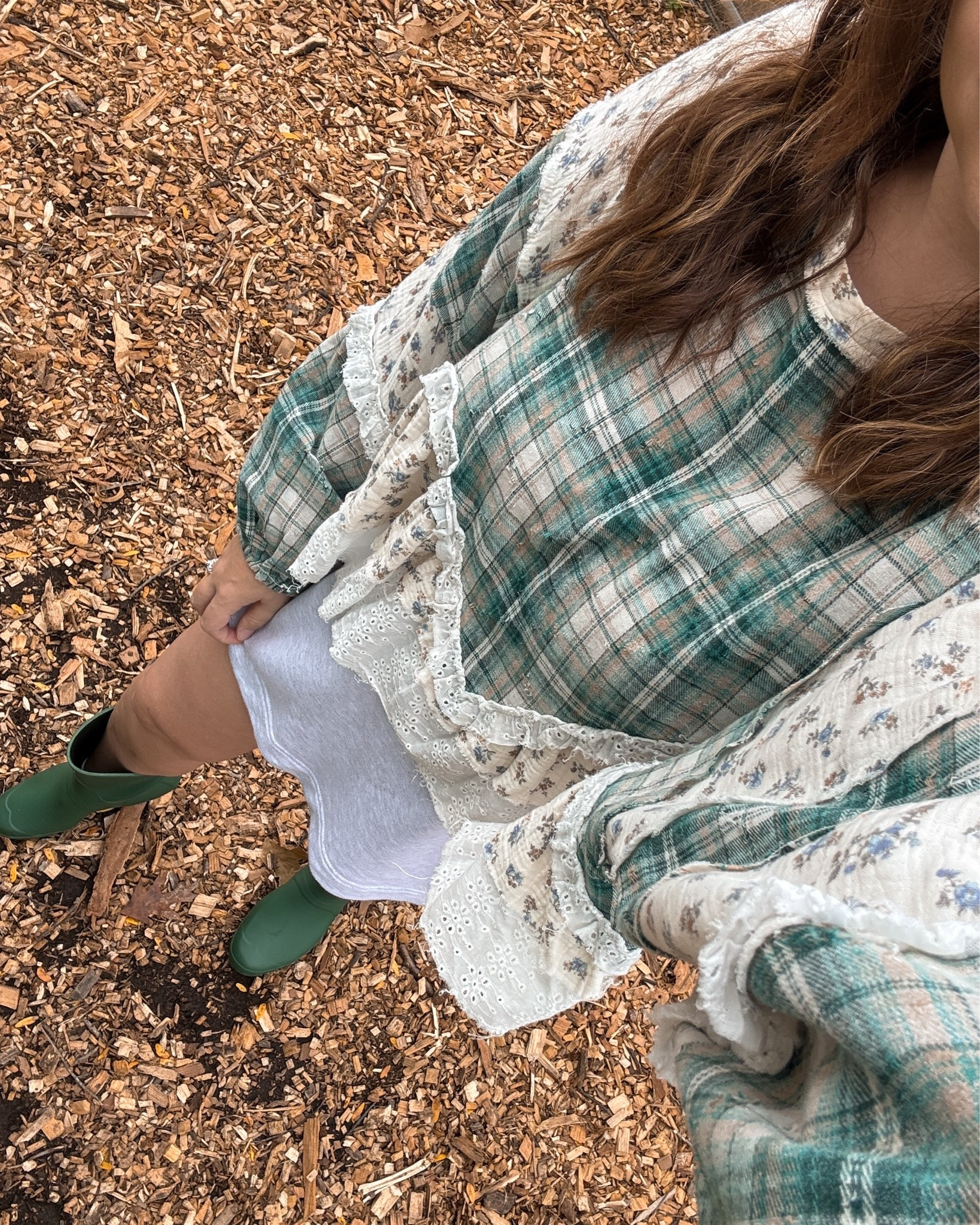 Cute apple picking outfit! This adorable plaid and lace ruffle blouse is perfect for the occassion. I went true to size.

The sweatshirt skirt is also true to size and helps keep this fall outfit a bit more casual.

I added short green hunter boots to compliment the green in the top and prevent my feet and shoes from getting muddy. These are also true to size.