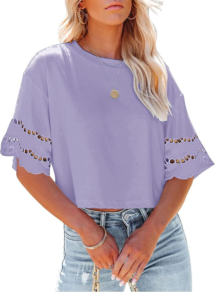 Yuccalley Women's Lace Short Sleeve Crop Tops Summer Casual Round Neck Tees | Amazon (US)