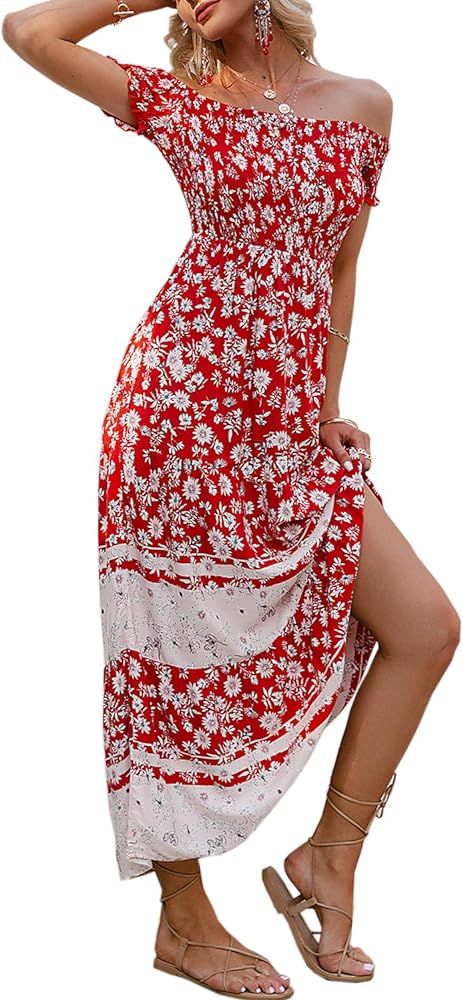 Envemour Women's Floral Off Shoulder Split Midi Dress Boho Ruffle Beach Long Dress | Amazon (US)