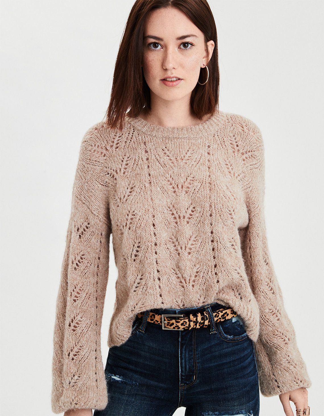AE Crew Neck Cropped Sweater, Oatmeal | American Eagle Outfitters (US & CA)