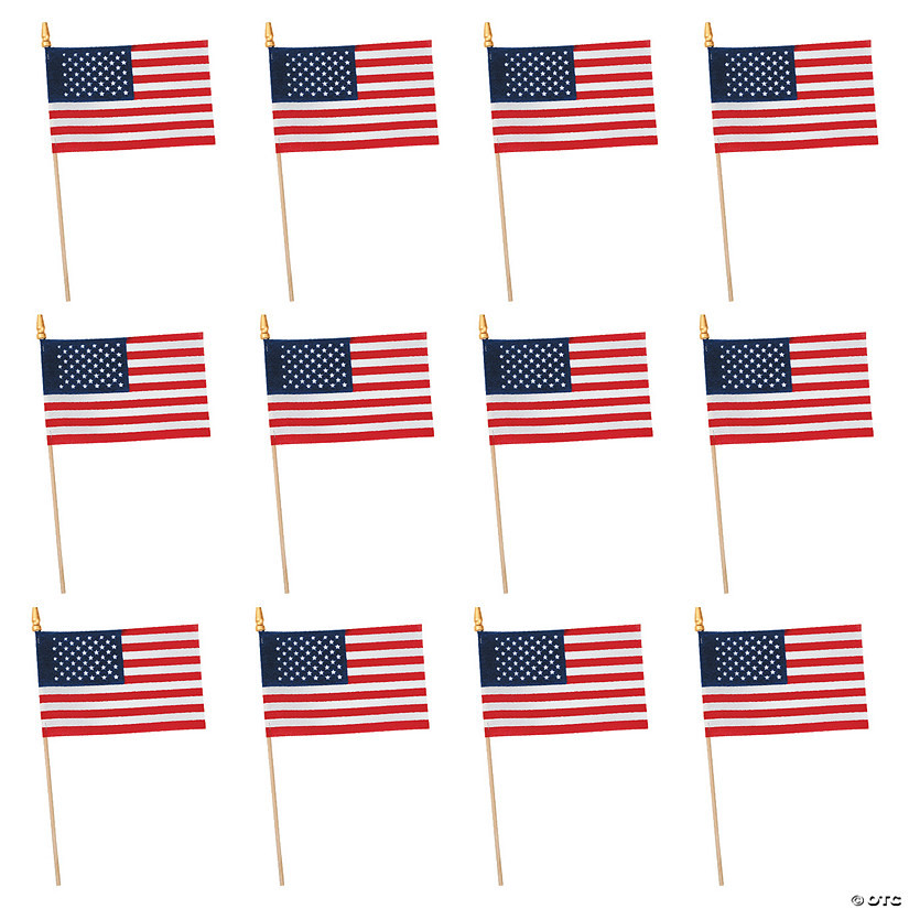 6" x 4" Small Cloth American Flags on Wooden Sticks - 12 Pc. | Oriental Trading Company