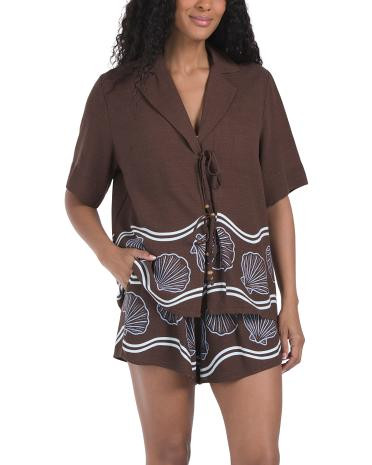 2pc Seashells Beaded Tie Front Cover-up Top And Matching Short Set | TJ Maxx