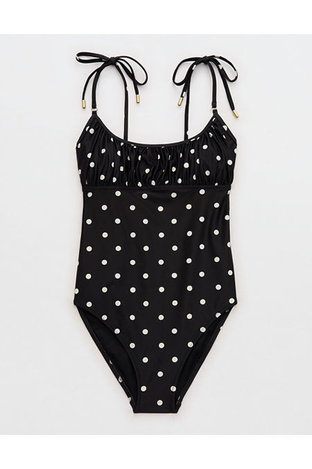 Aerie Ruched Scoop Full Coverage One Piece Swimsuit Women's True Black XXS | Aerie