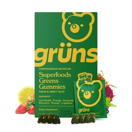 Gruns Adult Superfood Greens Gummies, with 60 Organic Ingredients, 21+ Vitamins & Minerals, Prebiotics and Fiber for Digestion, Adaptogens, Spirulina & Chlorella, 12 Servings | Walmart (US)