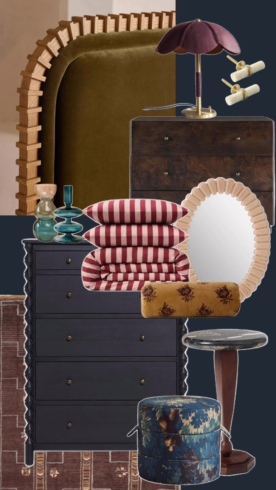 Moody & Layered—the interior design vibe I’ve been into lately. Rich plums, olive green, burgundy and ochre. Shoutout to the Burl wood nightstand and the statement bedroom dresser. Stripes, florals and moody hues make this moodboard feel collected and layered.🤍

#LTKSaleAlert #LTKHome