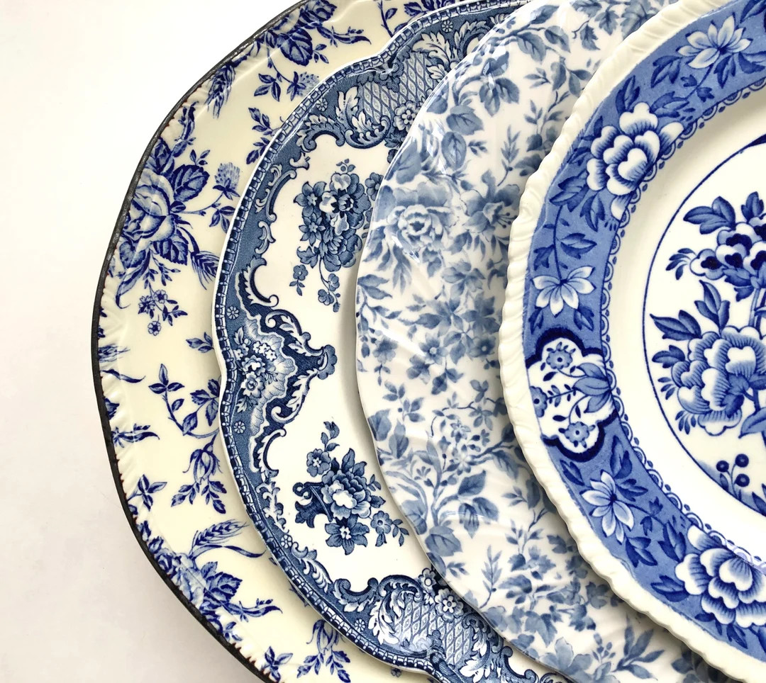 Blue and White Dinner Plates, Mismatched Transferware Set, 4 Pc - Etsy | Etsy (US)