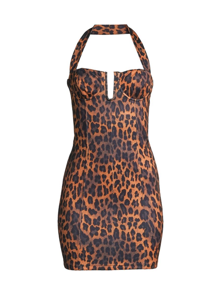 Victor Glemaud Leopard Jersey Halter Minidress | Saks Fifth Avenue