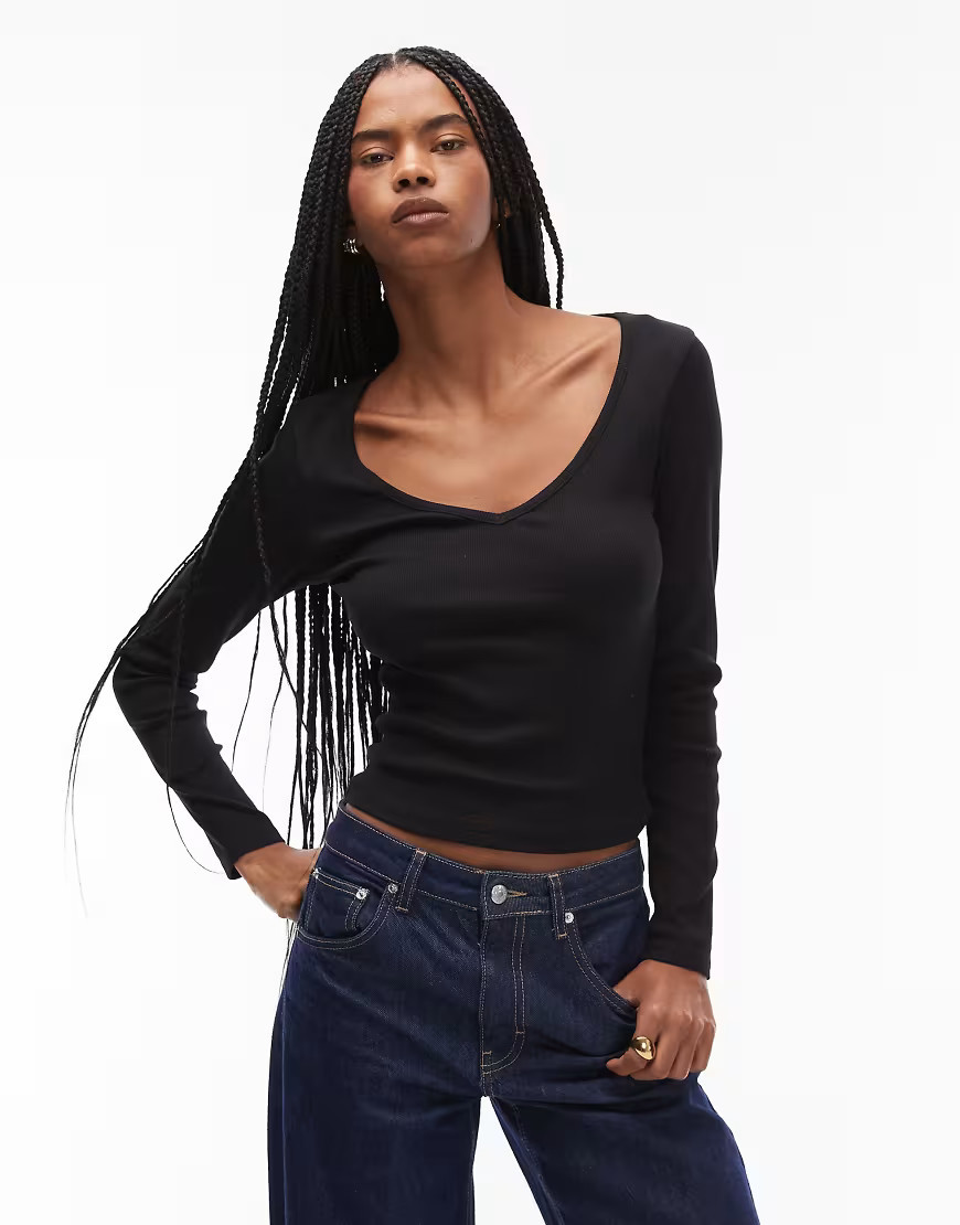 ASOS DESIGN rib v neck long sleeve top in black-Multi | ASOS (Global)