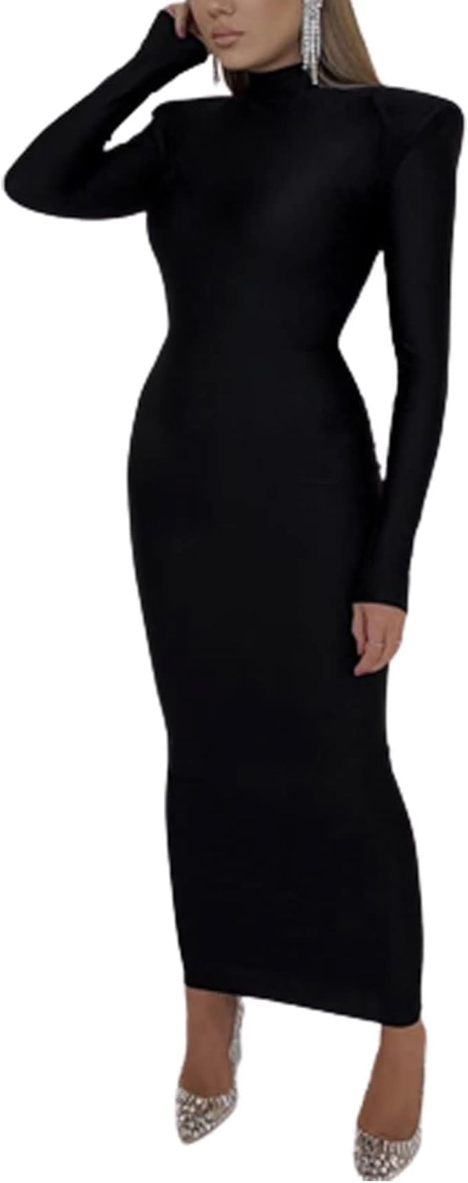 YUYUREAL Women's Wide Shoulder Bodycon Dress Formal Long Sleeve Mock Neck Smooth Fitted Shoulder ... | Amazon (US)