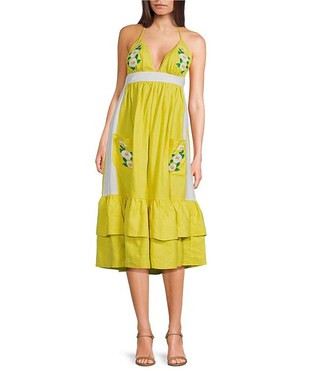 Fanm Mon Yamile Floral Embroidered Halter Tie Neck Midi Dress | Dillard's | Dillard's