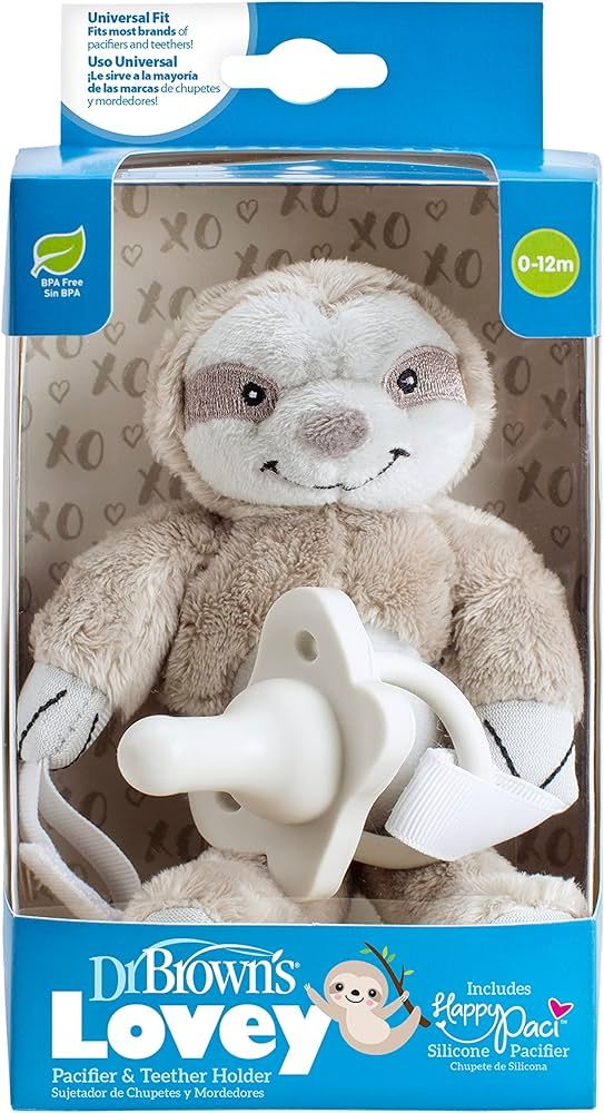 Dr. Brown's Baby Lovey Pacifier and Teether Holder, Sloth with Gray HappyPaci, 100% Silicone, 0-6... | Amazon (US)