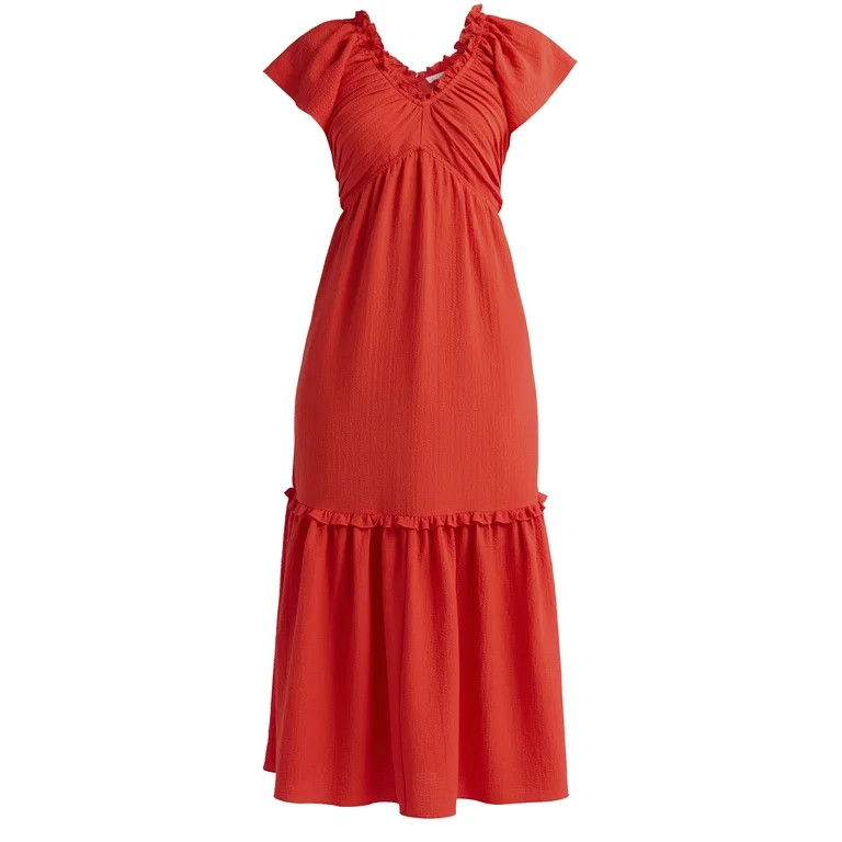 Sofia Jeans Women's V Neck Dress with Flutter Sleeves, Below Calf Length, Sizes XS-XXXL | Walmart (US)