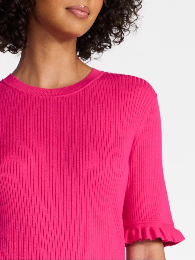 Time and Tru Women's Ribbed Sweater with Flounce Sleeves, Midweight, Sizes XS-XXXL | Walmart (US)