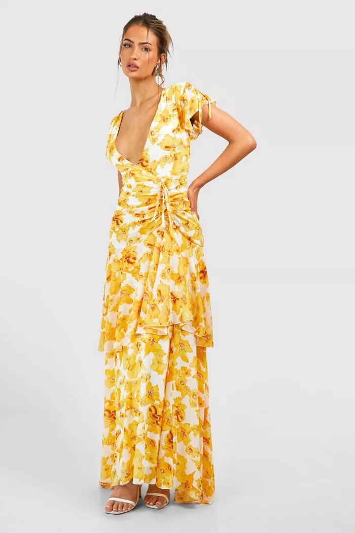 Floral Print Ruched Detail Maxi Dress | Boohoo.com (UK & IE)