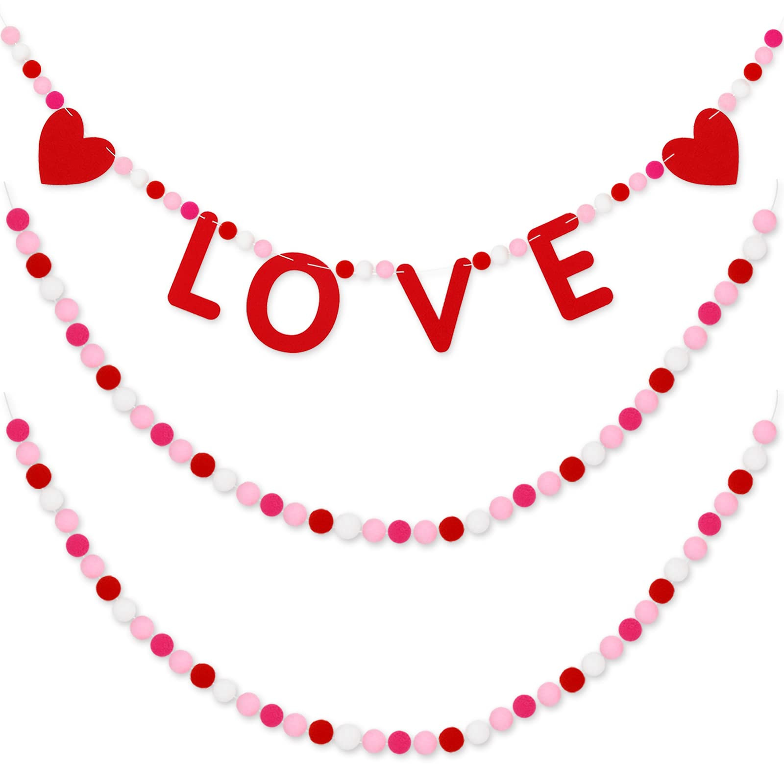 Whaline 3Pcs Valentine's Day Felt Banner LOVE Heart Pom Pom Banner Red White Pink Pom Ball Decora... | Amazon (US)