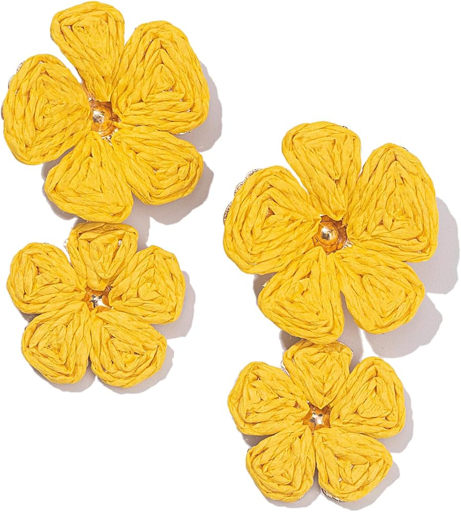 Flower Drop Earrings Floral Raffia Earrings Boho Statement Dangle Earrings Trendy Cute Summer Bea... | Amazon (US)