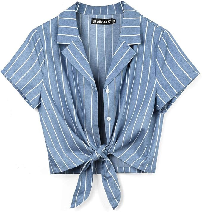 Allegra K Women's Striped Button Up Lapel Collar Top Short Sleeve Tie Front Crop Shirt | Amazon (US)