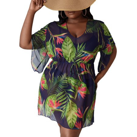 OYOANGLE Women s Plus Size Tropical Print Sheer Short Sleeve Tie Front Swimwear Cover Up Dress Green | Walmart (US)