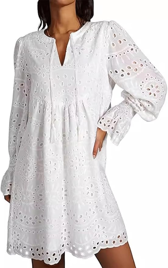 utcoco Womens 2024 Eyelet Dress Casual Loose Tassel V Neck Long Sleeve A Line Lace Hollow Out Ruf... | Amazon (US)