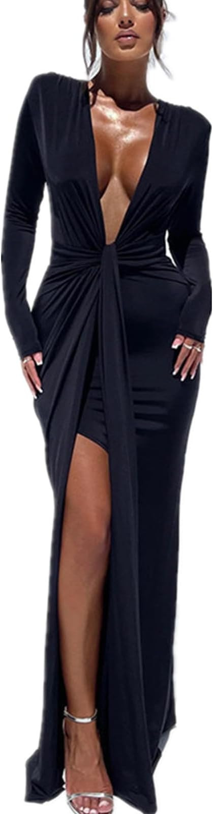 Womens Sexy Deep V Neck Long Formal Dresses Long Sleeve Tie Waist High Slit Maxi Dress | Amazon (US)