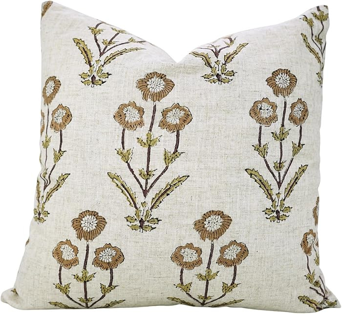 Throw Home Decorative Pillow Cover Floral Square 20X20 Inches Brown or Green Handmade Block Print... | Amazon (US)