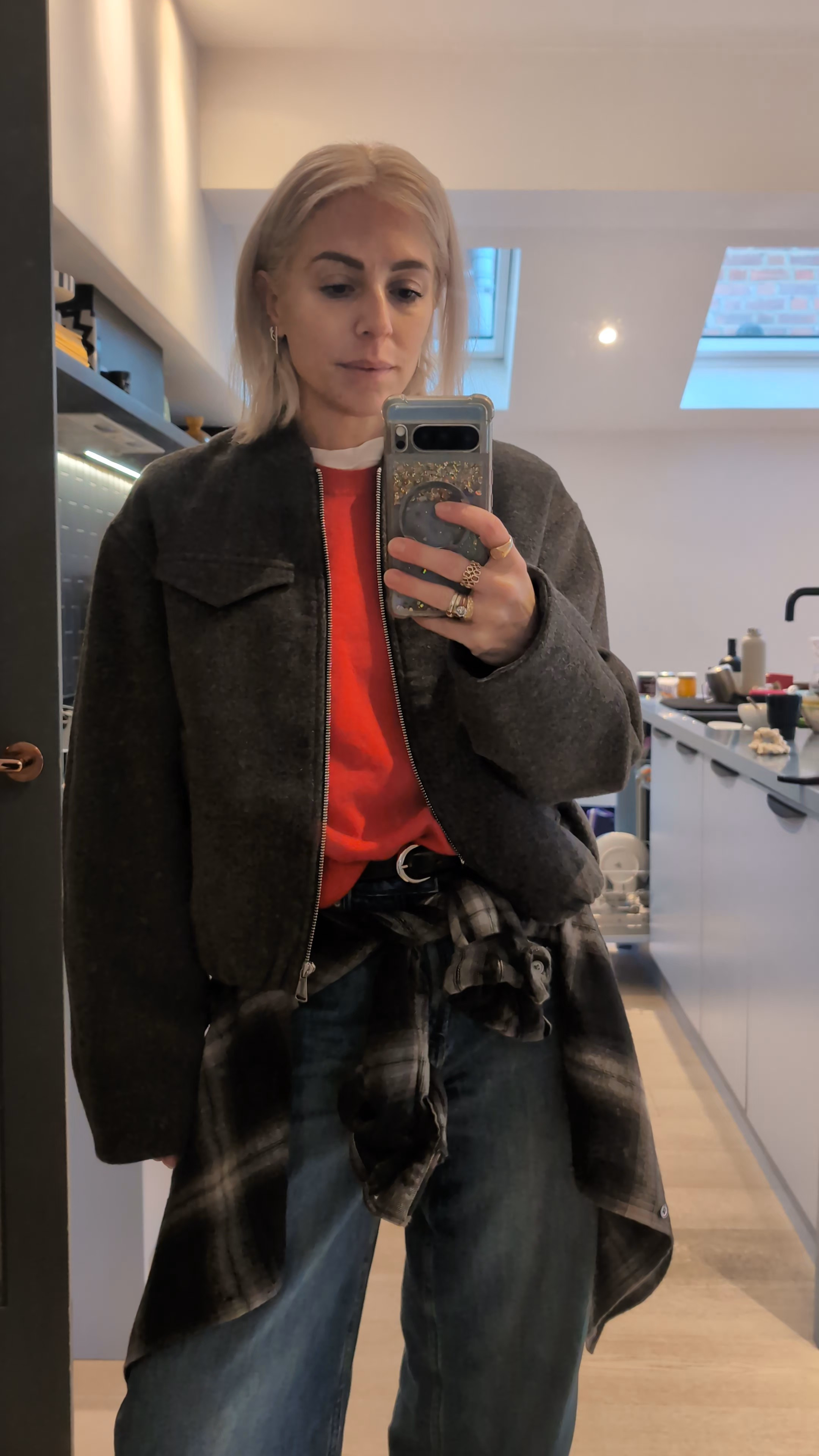 An easy, comfy, warm outfit - loose jeans, checked shirt, red cashmere jumper, bomber jacket, Aligne jacket 

#LTKuk #LTKautumn #LTKstyletip