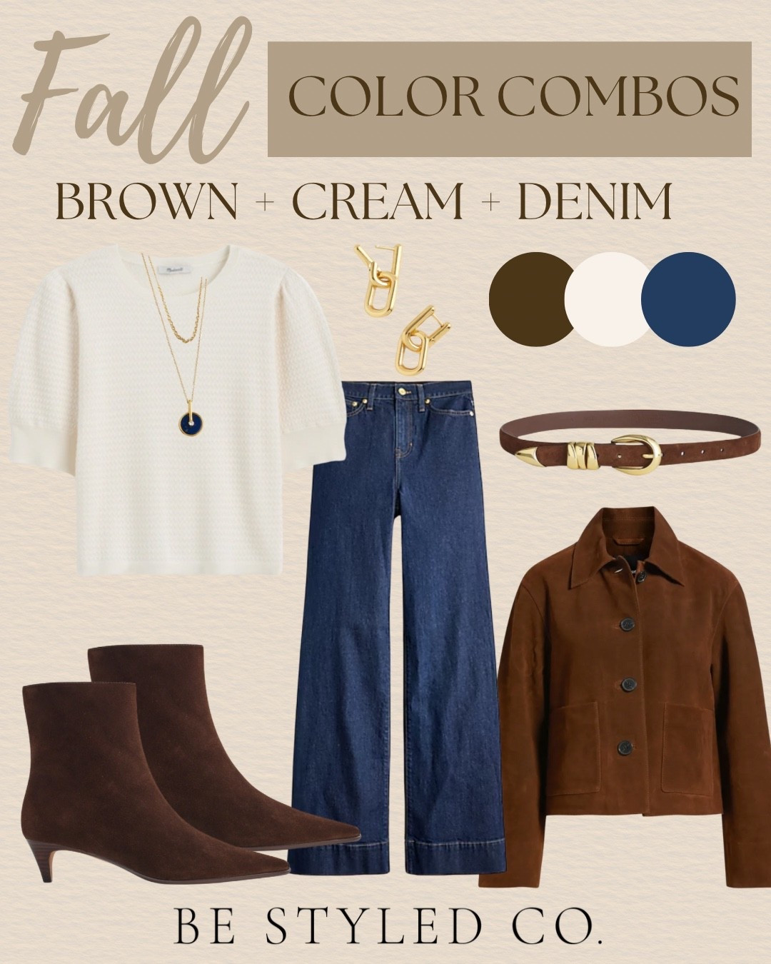 Fall color combos - brown, denim, and cream - think textured sweaters, jeans and brown suede for a rich luxurious look! 
Fall outfits 

#LTKxMadewell #LTKOver40 #LTKStyleTip