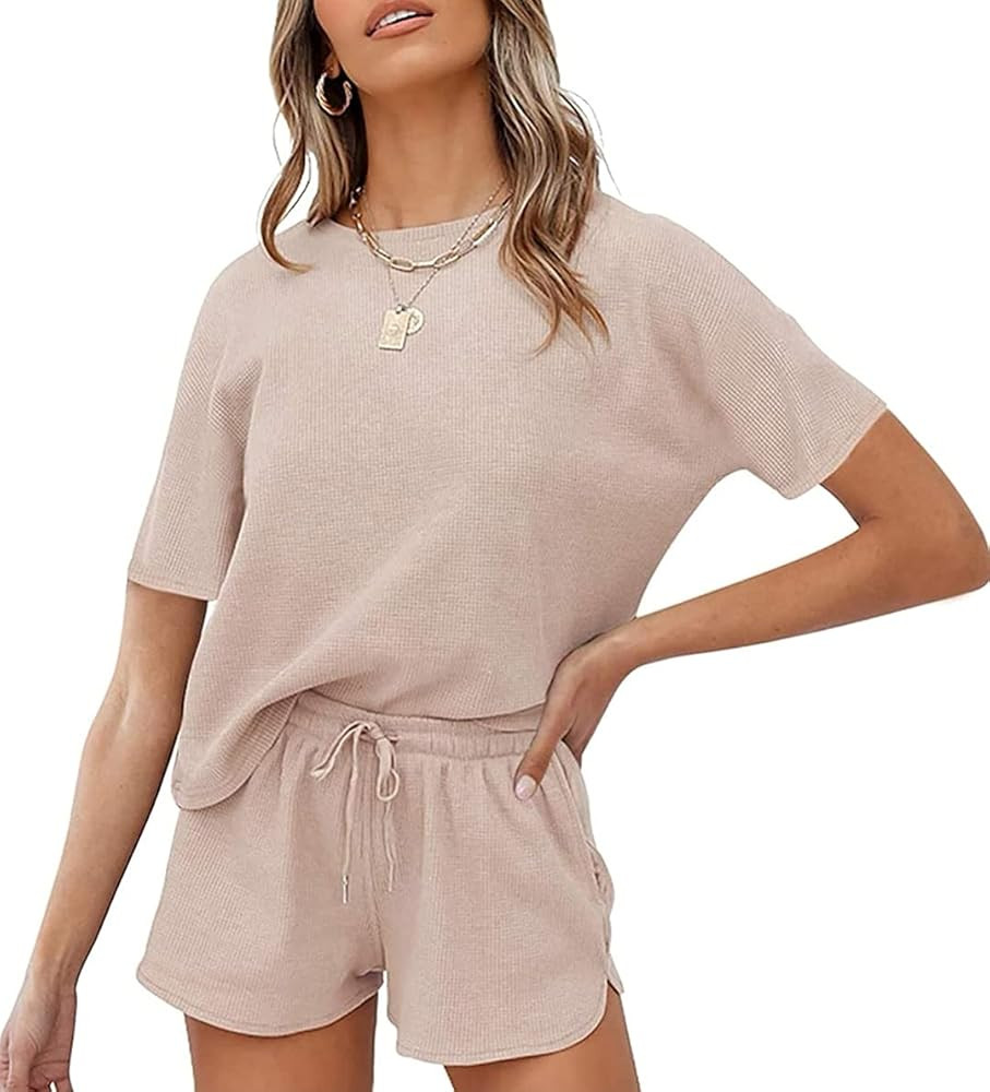 Kervaky Women's 2 Piece Outfits Waffle Knit Lounge Pajama Sets Summer Top And Shorts Suits | Amazon (US)