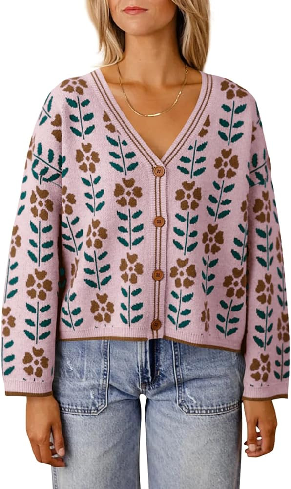 Saodimallsu Womens Floral Print V Neck Cardigan Open Front Button Down Knit Sweater Long Sleeve L... | Amazon (US)