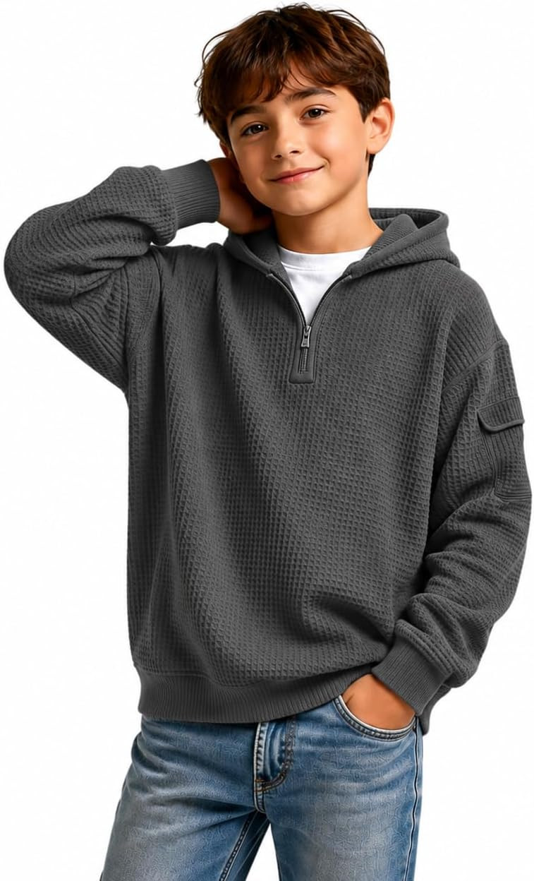 Boys Hoodies Waffle Knit Quarter Zip Pullover Warm Teen Youth Fall Outfits | Amazon (US)