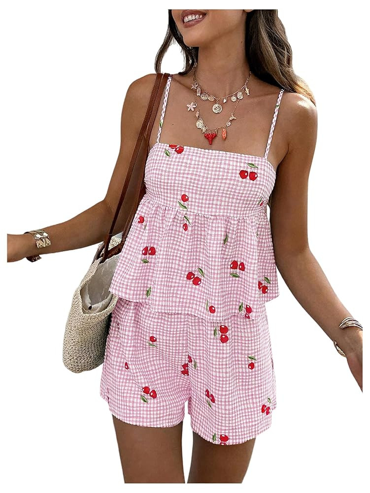 GORGLITTER Women's 2 Piece Gingham Sets Cute Cherry Summer Outfits Bow Tie Back Babydoll Tops and... | Amazon (US)