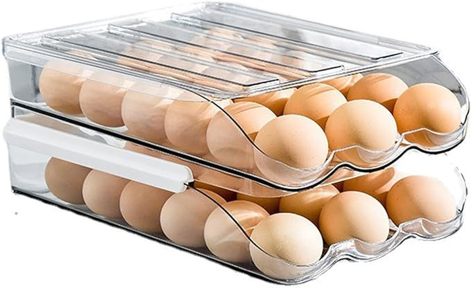 Egg Holder for Refrigerator, Large Capacity Egg Dispenser Egg Storage Container with Lid, Automat... | Amazon (US)