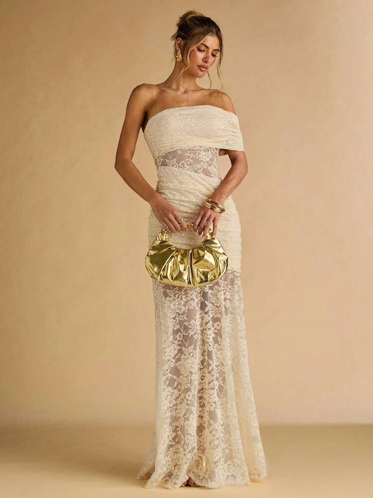 SHEIN BAE Spring And Summer Apricot Exquisite Lace Asymmetrical Off-Shoulder Collar Semi-Transpar... | SHEIN