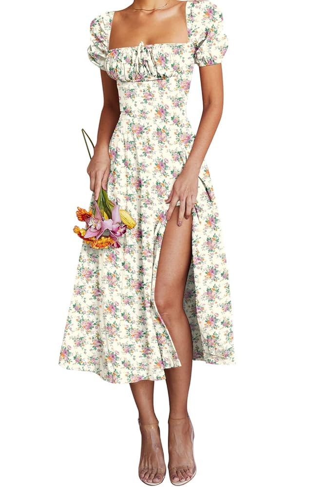 Linsery Women's Puff Sleeve Floral Maxi Dress Elegant Square Neck Cottagecore Boho Split Long Dre... | Amazon (US)