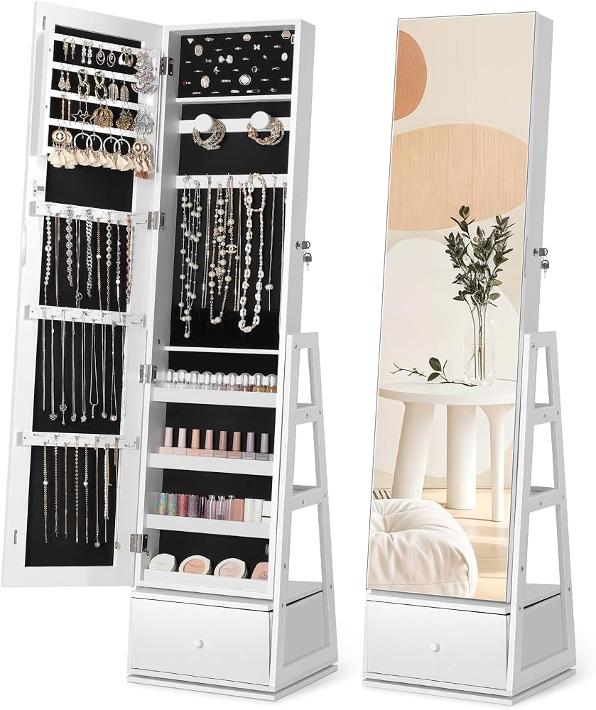 Nicetree 360\u00b0 Swivel Jewelry Cabinet, Rotatable Full Length Mirror with Jewelry Storage, Sta... | Amazon (US)