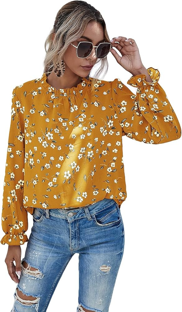 Romwe Women's Floral Print Flounce Long Sleeve Mock Neck Work Blouses Tops | Amazon (US)