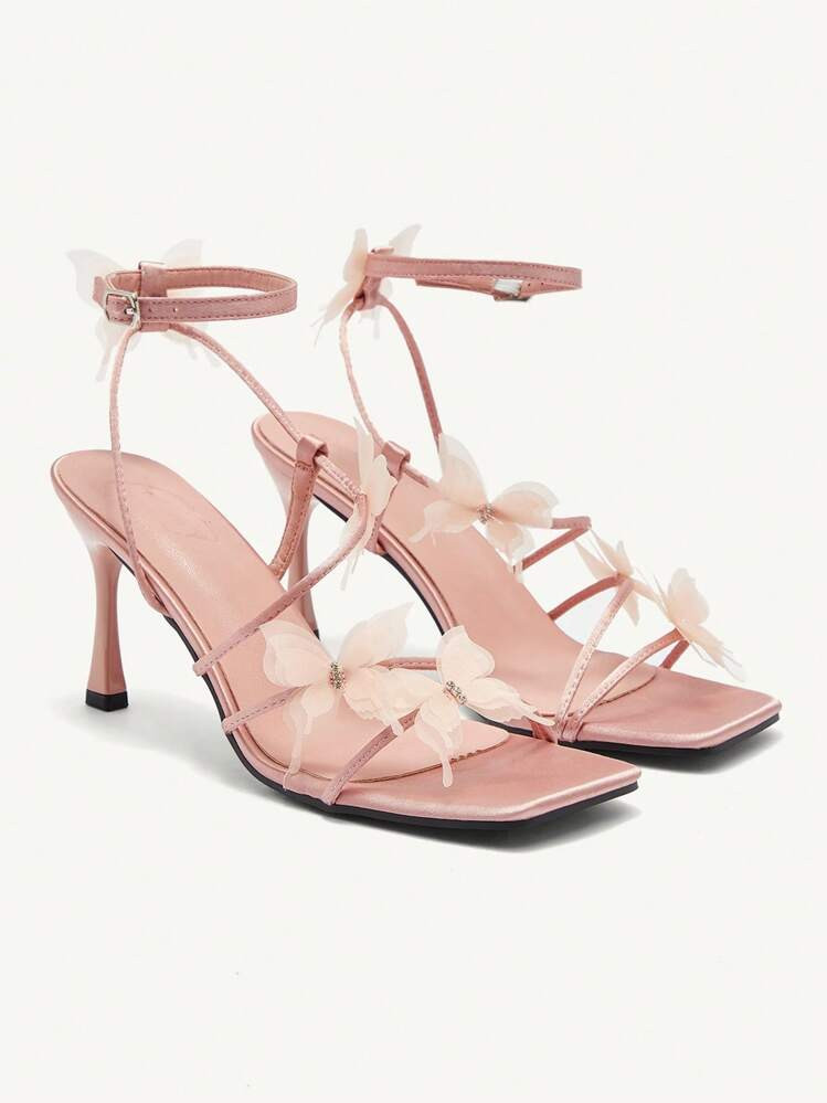 CUCCOO CHICEST Zapatos De Tacón Alto De Punta Cuadrada Para Mujer - Diseño Con Detalle De Mariposa Sandalias De Tacón Alto Para Damas | SHEIN