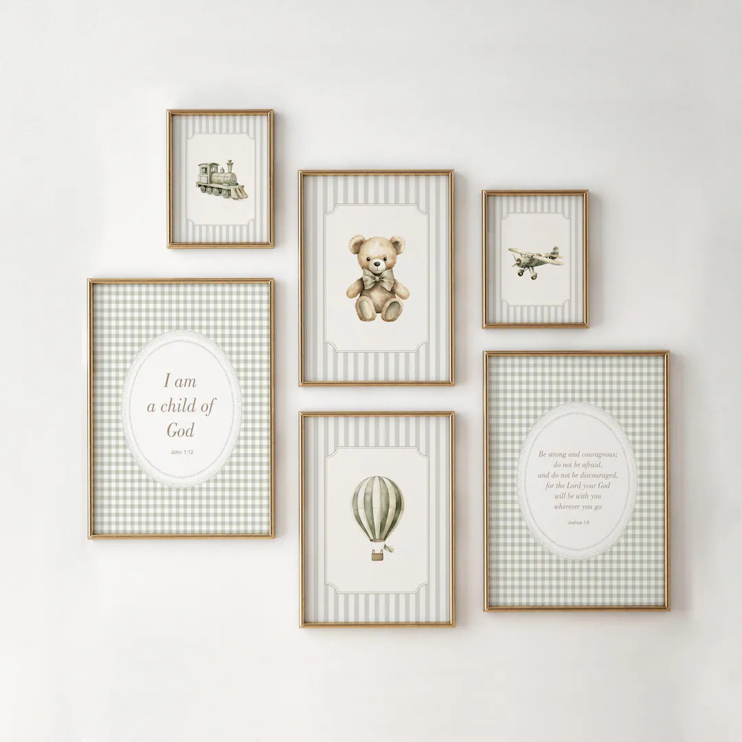 Sage Green Christian Nursery Wall Art Set, Bear Nursery, Christian Boy Print, Boy Vintage Room De... | Etsy (US)