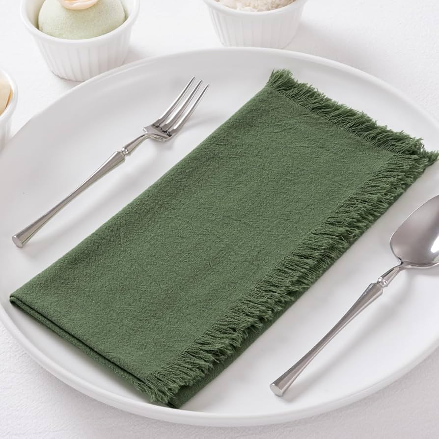 6 Pack Olive Green Cotton Linen Napkins with Fringe Green Cloth Napkins Set of 6 Boho Handmade Di... | Amazon (US)