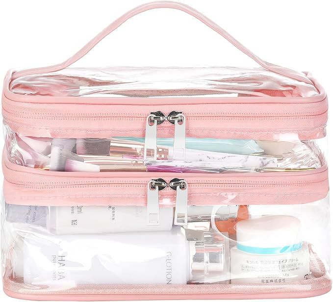 HAOGUAGUA Double Layer Clear Cosmetic Bag Makeup Bag, Waterproof Travel Toiletry Bag, Transparent... | Amazon (US)