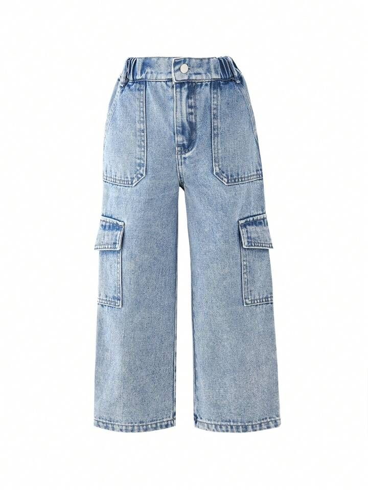 Young Girl Flap Pocket Side Wide Leg Jeans | SHEIN
