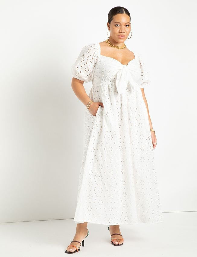 Eyelet Tie Front Full Skirted Maxi Dress | Women's Plus Size Dresses | ELOQUII | Eloquii