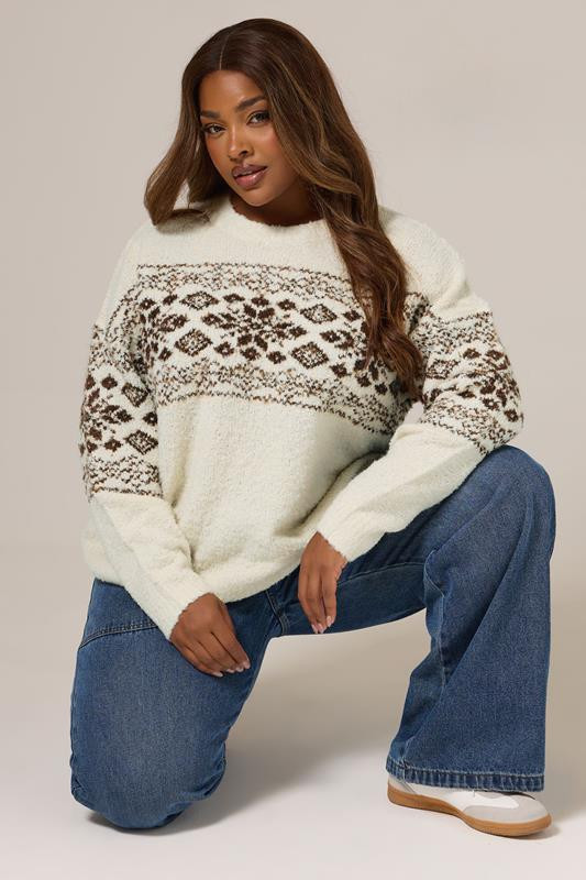 YOURS Plus Size Ivory White Fairisle Boucle Jumper | Yours Clothing UK