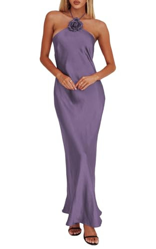 Summer Satin Halter Backless Maxi Dresses for Women 2025 Silk Sleeveless Formal Wedding Guest Long Dress Purple | Amazon (US)