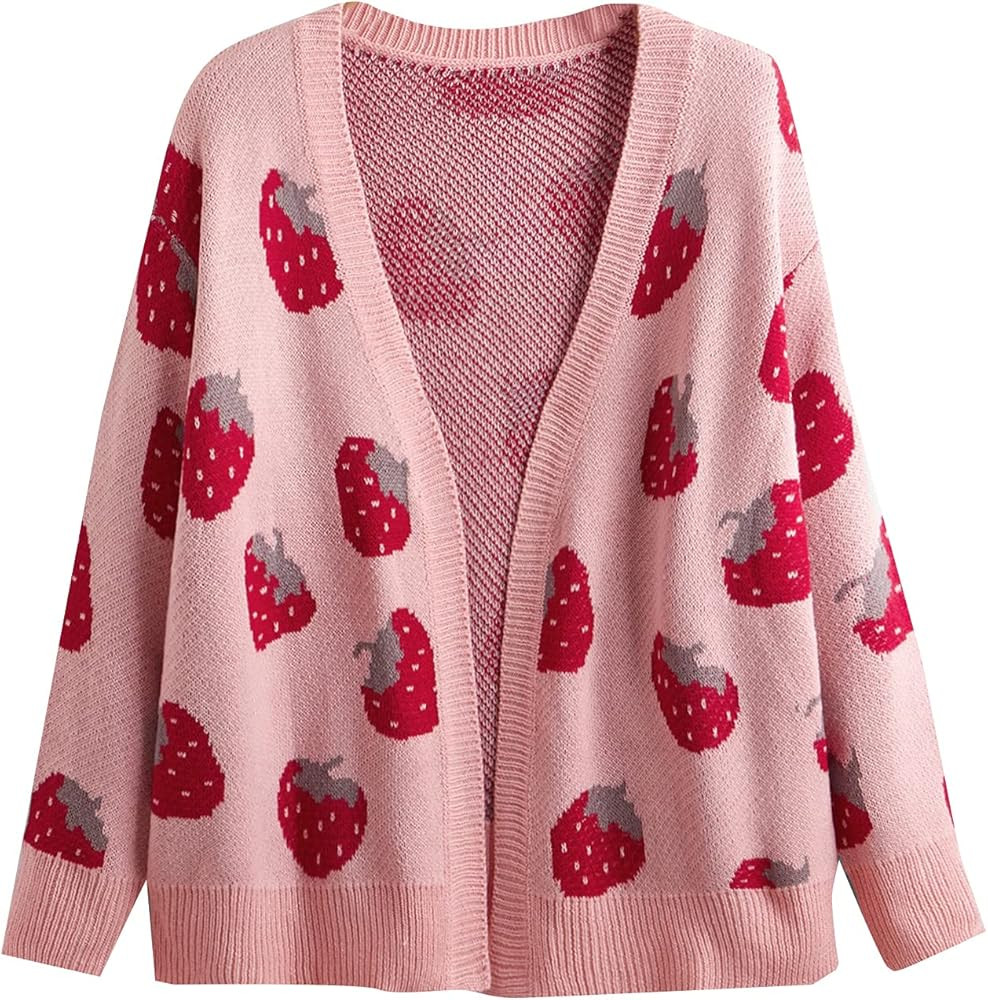 MakeMeChic Women's Plus Size Strawberry Print Long Sleeve Open Front Knit Cardigan Sweater | Amazon (US)