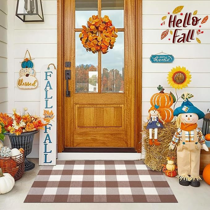 Fall Mocha and White Plaid Rugs, 28''x43'' Area Rug Outdoor Indoor Front Porch Doormat Cotton Han... | Amazon (US)