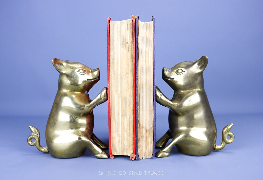 Pair of Vintage Solid Brass Pig Bookends Gold Metal Piglet Book Holders Library Decor Mid Century... | Etsy (US)