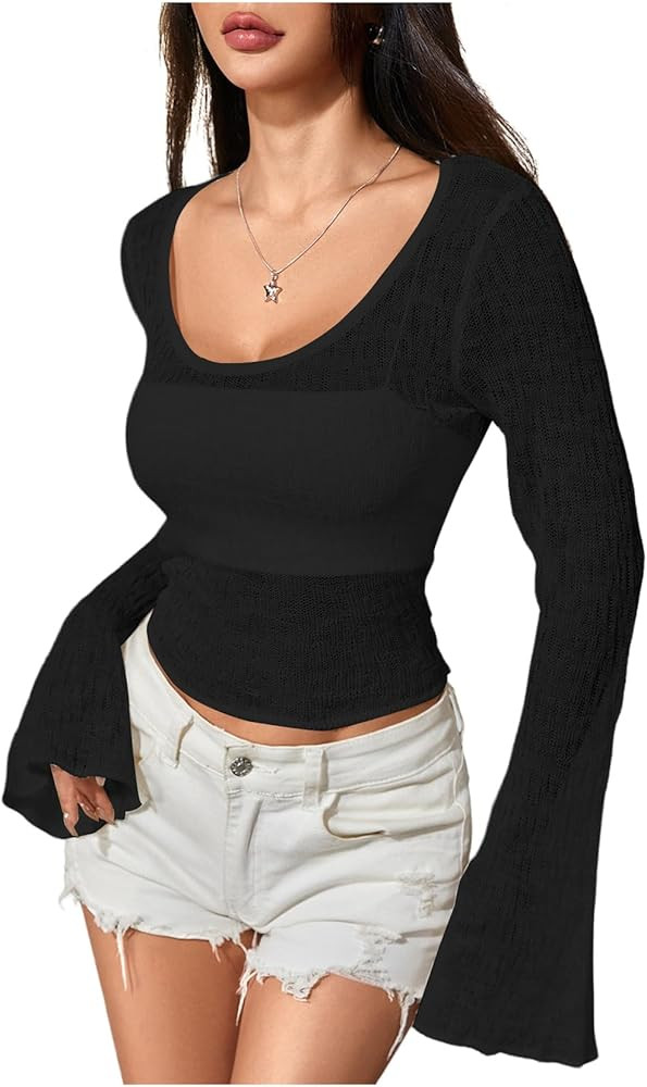 MakeMeChic Women's Mesh Knit Bell Sleeve Tops Scoop Neck Crop Crochet Tops | Amazon (US)